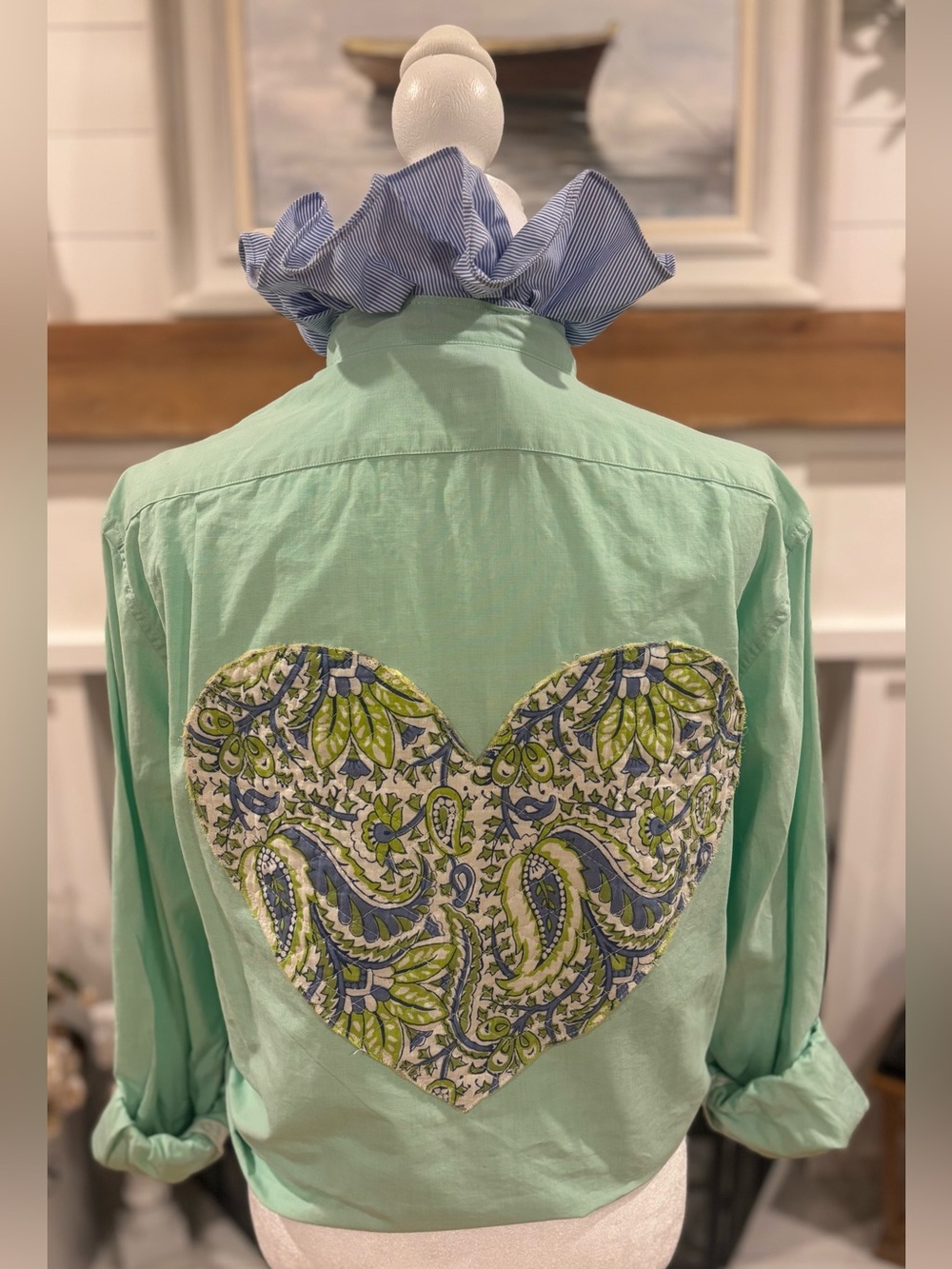 Custom Ruffle Collar Shirt with heart patch on back and coordinating pocket